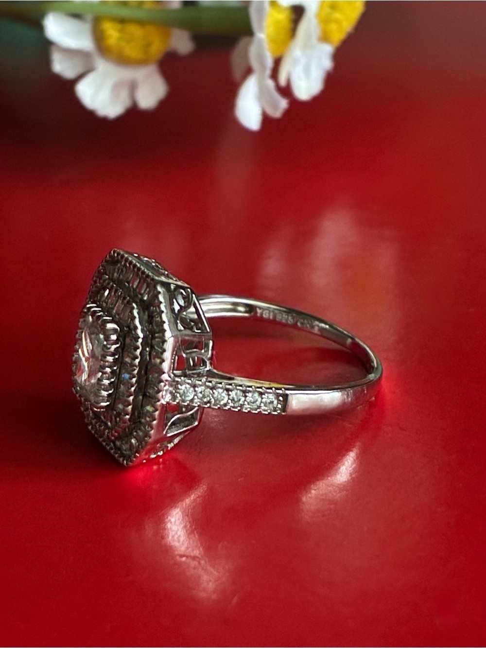 925 Silver-Tone Clear Multi-Halo Emerald-Cut Ring - Picture 8 of 8